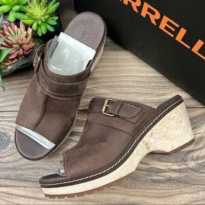 NIB Merrell Halendi Slide Wedge Sandal Full Grain Leather Brown Bracken